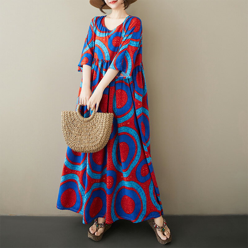 ボヘミアンリゾートワンピース ロングワンピース レディース ラウンドネック クルーネック 大きいサイズ ゆったり ラグランスリーブ リゾート レジャー ルーズ 薄手 ミディアム丈 シャーリング シャーリン アート感 落ち感 ロマンチック ドット柄 柔らか