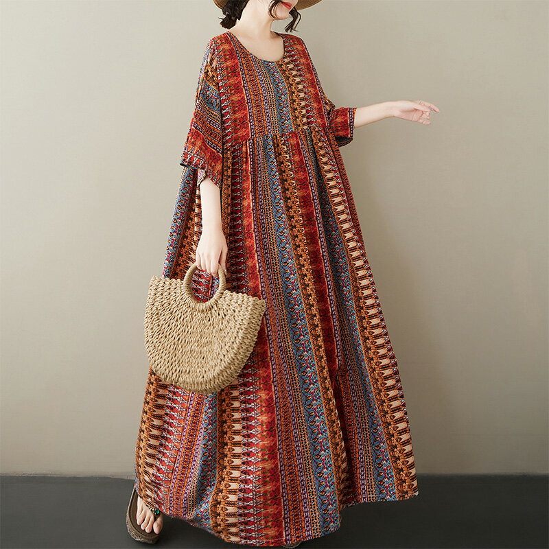 リゾートワンピース マキシワンピース レディース マキシ丈 夏ワンピ リゾート プリント ラウンドネック クルーネック ママさん ストライプ ボヘミアン 薄手 かぶるタイプ エレガント レトロ ヴィンテージ ハイウエスト トレンド ファッション きれいめ 新生活 マタニティ