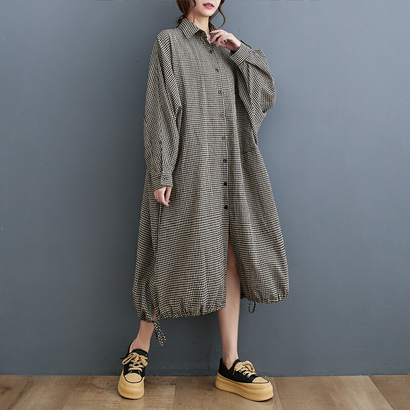 シャツワンピ シャツワンピース チェックワンピース チェック チェック柄 レディース ロングワンピ 羽織り 羽織 ゆったり 体型カバー 大きめ Poloネック ドルマンスリーブ ゆったり ナチュラル カジュアル ミディアム フィット 気質 ビジネス オフィス OL きれいめ おしゃれ