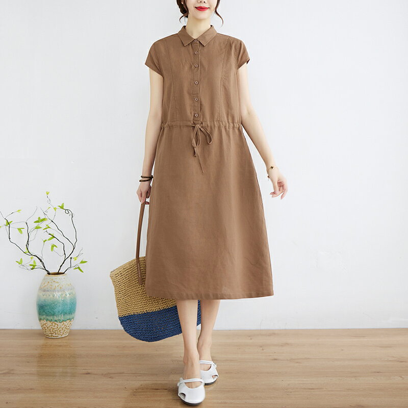シャツワンピース シャツワンピ レディース ロングワンピ ロング シングルブレスト ウエストマーク　ハイウエスト 着やせ 無地 シンプル かぶるタイプ ミディアム ラウンドネック クルーネック ゆったり オシャレ きれいめ ゴムひも ギャザ 大きめ zhongtian-10039300 中天商事 パッケージ画像