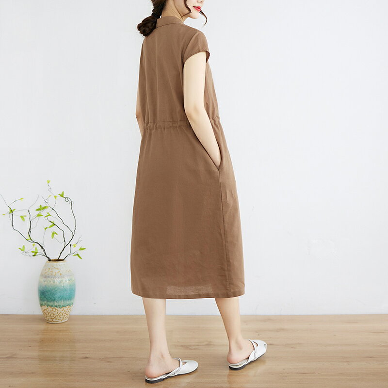シャツワンピース シャツワンピ レディース ロングワンピ ロング シングルブレスト ウエストマーク　ハイウエスト 着やせ 無地 シンプル かぶるタイプ ミディアム ラウンドネック クルーネック ゆったり オシャレ きれいめ ゴムひも ギャザ 大きめ zhongtian-10039300 中天商事 サンプル画像3