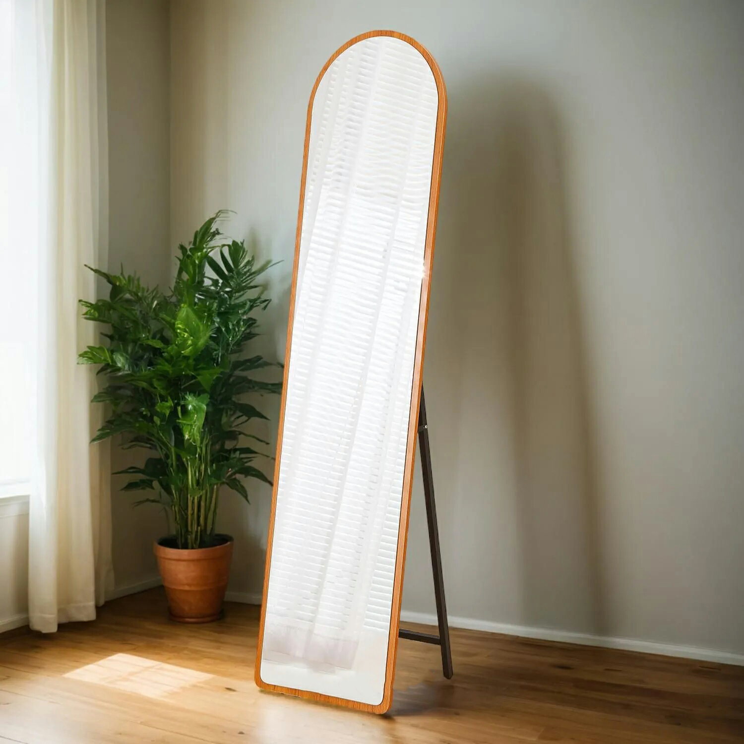 全身鏡 姿見鏡 160x40cm おしゃれ 鏡 木枠 全身ミラー 飛散防止 壁掛け/立て掛けミラー スタンドミラー すがた鏡 木目調 アーチ型