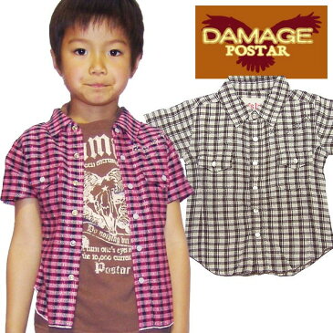 【399円均一】POSTAR ポスター DAMAGE チェック半袖シャツ 男の子 ボーイズ アメカジ キッズ 子供服 Tシャツ 半袖 シャツ プリント チェック「3821-08」
