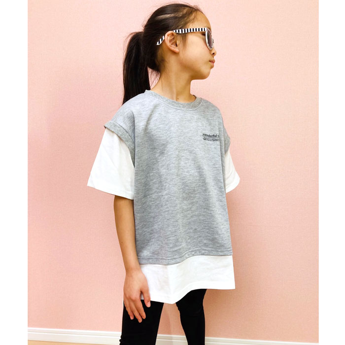 キッズ チュニック 子供服 半袖 女の子 フェイクレイヤード レイヤード風 重ね着 ...