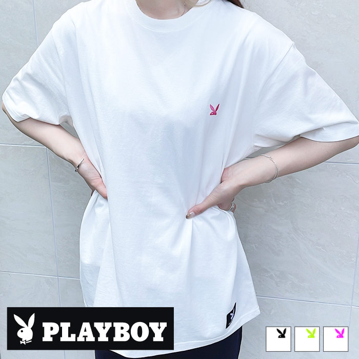 《ポイント10倍！》レディース 半袖 Tシャツ PLAYBOY プレイボーイ ワンポイント刺繍 半袖 クルーネック ロゴ カジュアル M L XL 「P32-100」