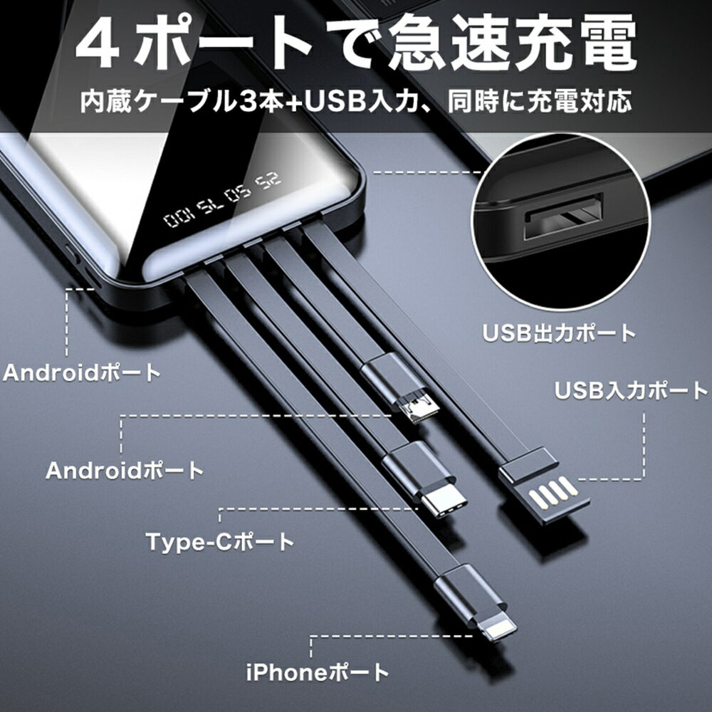 \楽天4冠達成/モバイルバッテリー大容量超軽量ケーブル内蔵20000mahiphone小型ワイヤレス充電lightning高速急速type-cタイプC内蔵かわいいスマホ充電器iPhone14Android2022pse超軽量iPhone13usbc旅行iPhone12送料無料直接充電スマホ薄い