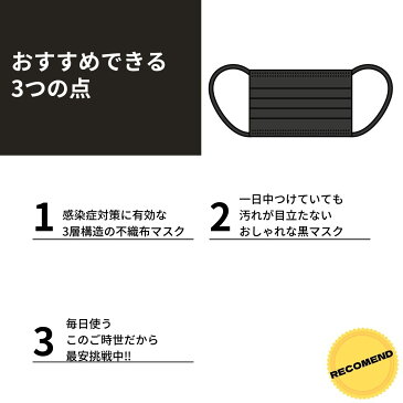 SS限定!10%OFF!あす楽【え?黒マスクがこの価格?】ブラックマスク 50枚 × 3個セット 黒 不織布 150日分 使い捨て 3層構造 ゴム スポーツ カラー 使い捨てマスク 黒 50枚入り サージカルマスク 平ゴム 日本 ふつうサイズ 大人 飛沫カット フリーサイズ 安心 ギフト 衛生