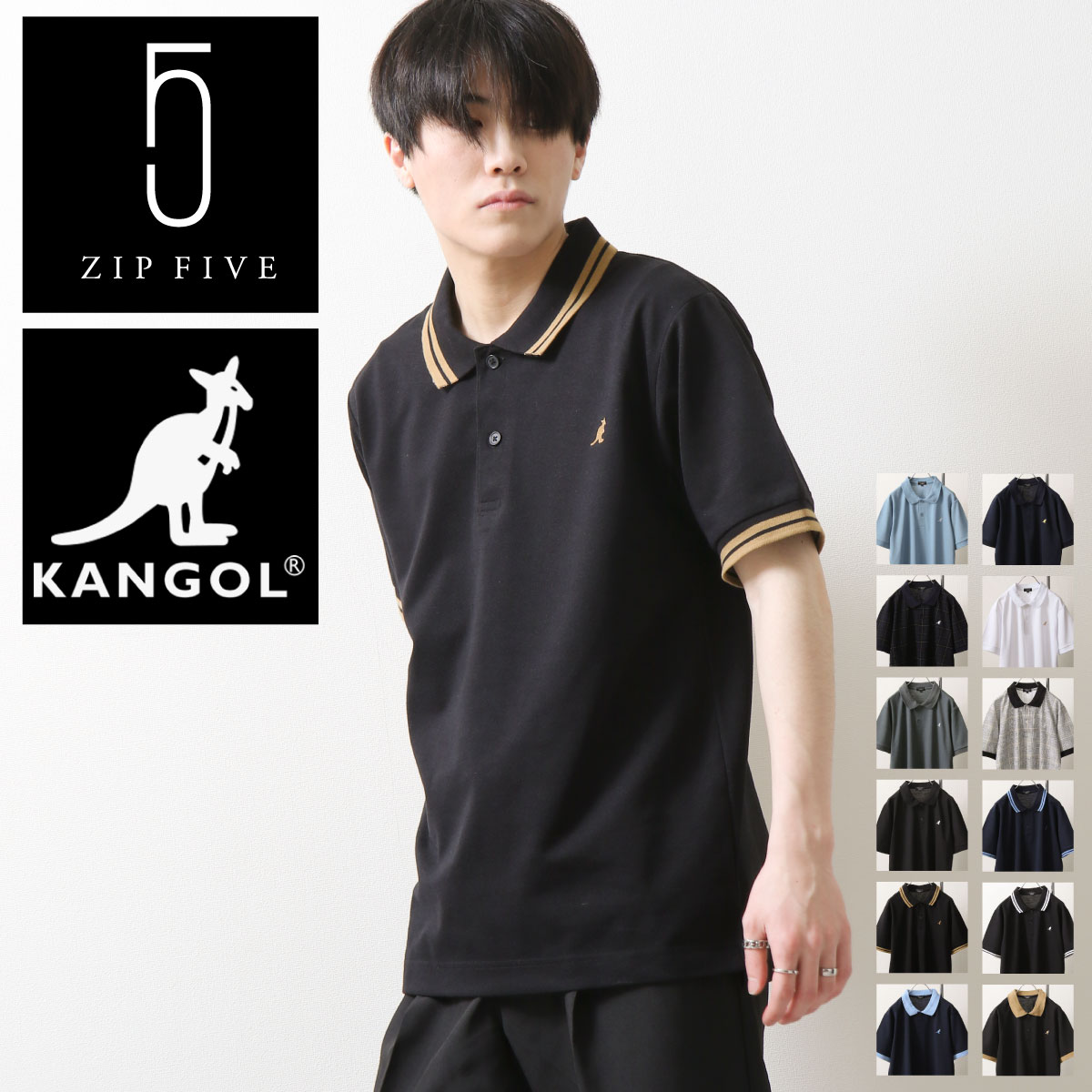 KANGOL ポロシャツ メンズ 半袖 半袖シャツ ワンポイント 父の日 ゴルフウェア チェック柄 カンゴール ZIP ジップ (kgaf-0305) ＃