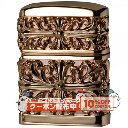 惜しまれながら廃盤となった「フルメタルジャケット」シリーズが再入荷！こちらの商品はお取り寄せになる場合があります。その場合、入荷までに一週間前後かかることがありますことご了承ください。 重量感＆アート感溢れるモデルが誕生！ フロント・サイドあわせて大小8個のクロスと、バックデザインの唐草が立体感を強調します。 今までのクロスデザインには無い高級感が感じられる逸品。 総重量は約155g。 通常のZIPPO（#200）の約2.5倍の重さがある。 ボトム面や開閉断面からもその重量感が伺える。 メタルジャケット：金メッキ鏡面仕上げ ベースZIPPO：ピンクゴールドメッキ 注意事項 ※ジャケットは取り外せません※ジャケット部分は加工上避けられない傷や凹みが多数あります。アンティーク感を出すデザインの一部とご理解ください。これらによる返品・交換はお受けできません。気になる方は是非、店頭でお確かめの上、お買い求めください。 補足説明 ※ボトム（底部）刻印は製造年月を表しています。特記されていない限り、写真は一例で、お届けするものと刻印が異なる場合があります。 ※インサイドユニットにも製造年月がされていますが（例外もあります）、ZIPPOケースとインサイドユニットの製造年月刻印は揃えて出荷されるものではなく、通常は異なりますのでご了承ください。 ※ZIPPOは世界でも類を見ない永久保証です。機能的な不具合がありましたら付属の保証書に書かれた修理センターへお送りください。 ※ご利用になられているパソコン環境や商品撮影時の影響により、色・素材感が実物と若干、異なってしまう場合がございます。予めご了承ください。レビューを投稿頂いた方に最大300円OFFクーポンを差し上げます。レビュー投稿後、数時間程度で発行されます。