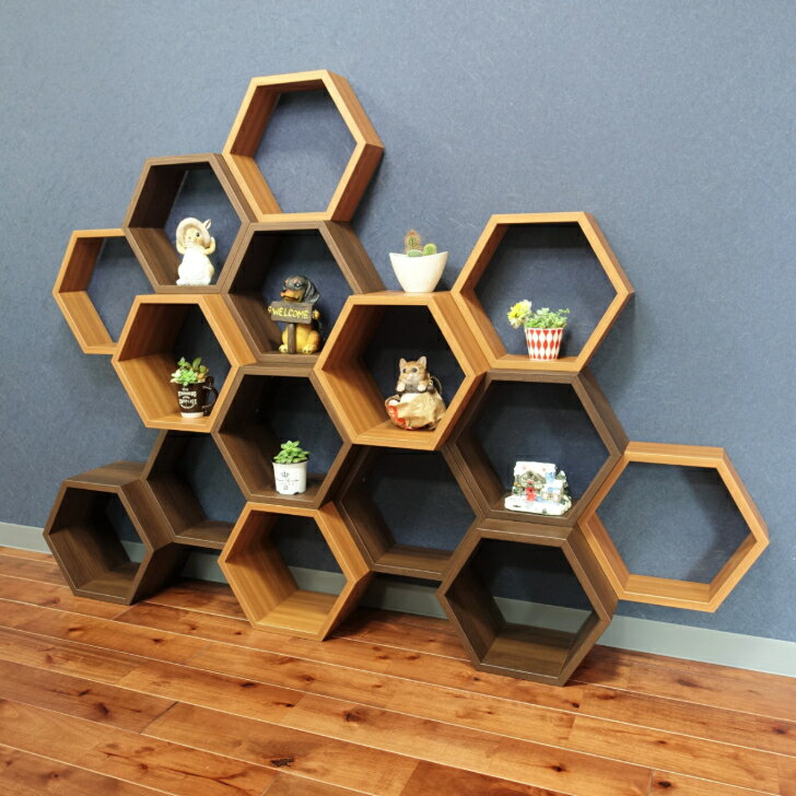 ビーラック 360-137サイズ 3個セット 木製ラック 小物ディスプレー 木目 六角形 ボックス ハニカムラック コレクションケース 小物入れ フィギアディス...