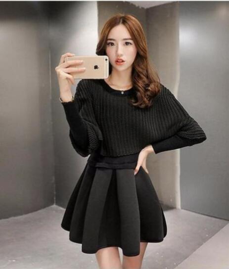 レディース ニット ポンチョ フレア ワンピース ミニ 黒 長袖 フォーマル 通勤 オフィス bbq003