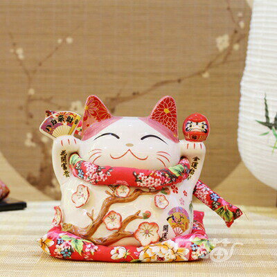 乐天商城 - 開運招き猫 置物 陶器製 赤 和風 風水 金運アップ インテリア 小判 扇子付き 縁起物 商売繁盛 家庭運 招財猫 かわいい 17cm