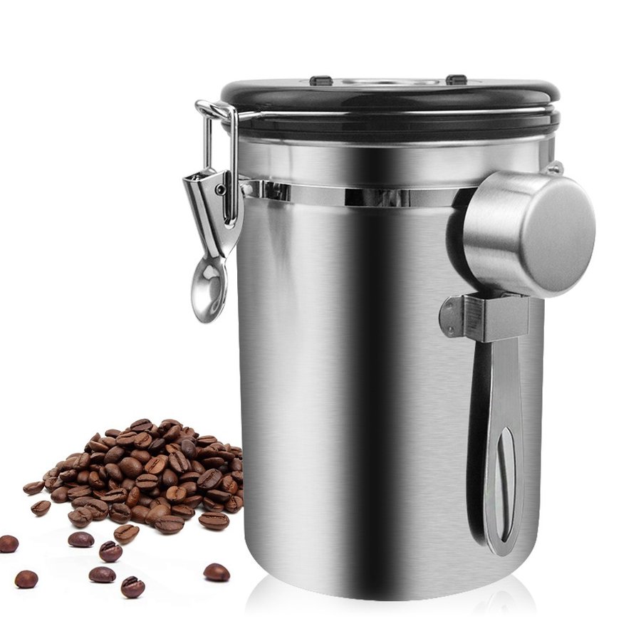 便利♪コーヒー豆 容器 ステンレス鋼 気密 密閉型 スプーン 保存 小麦粉 シュガー ホルダー 缶 収納 瓶 キッチン用品