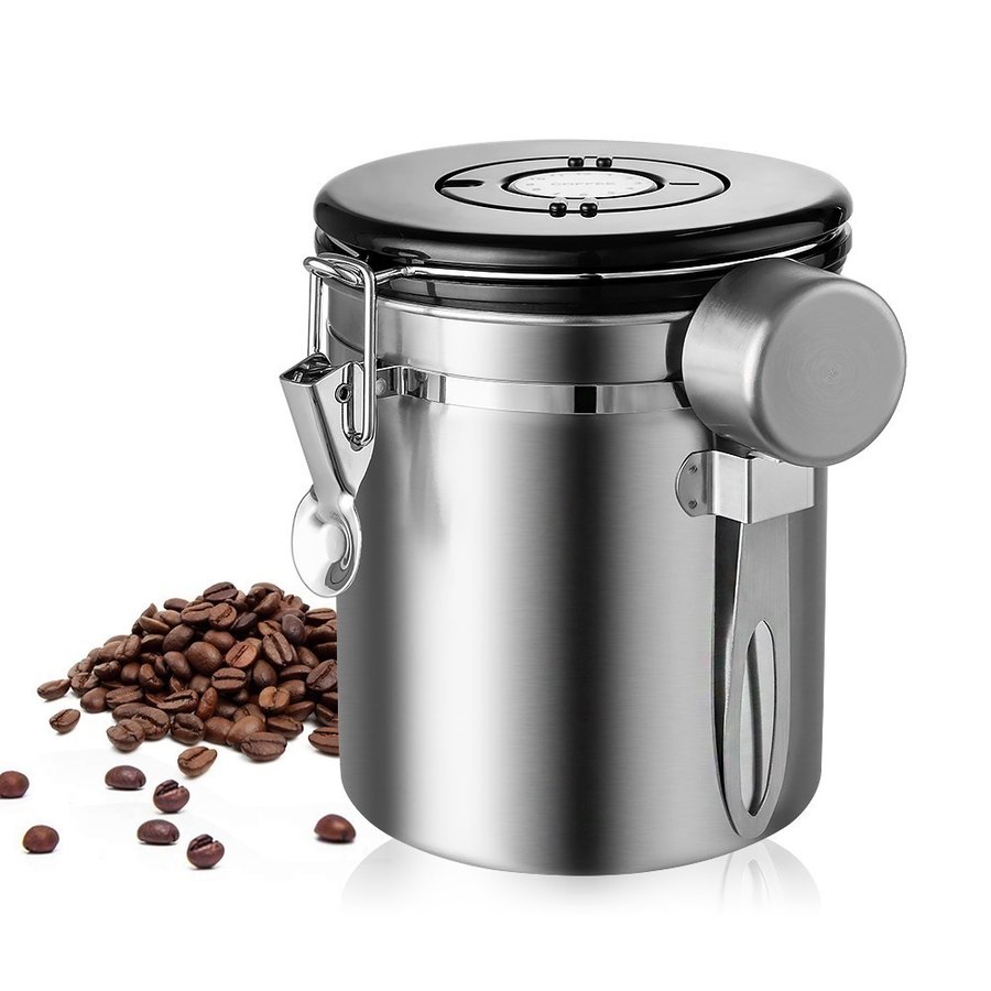 コーヒー豆 容器 ステンレス鋼 気密 密閉型 スプーン 保存 小麦粉 シュガー ホルダー 缶 収納 瓶 キッチン用品