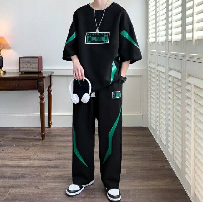 ZMSHOPのメンズ セットアップ 半袖 上下セット ルームウェア ビッグシルエット ワイドパンツ オーバーサイズ ストリート 韓国ファッション カジュアル 部屋着 ワンマイルウェア 夏 ゆったり 大きいサイズ ロゴプリント｜アングル2
