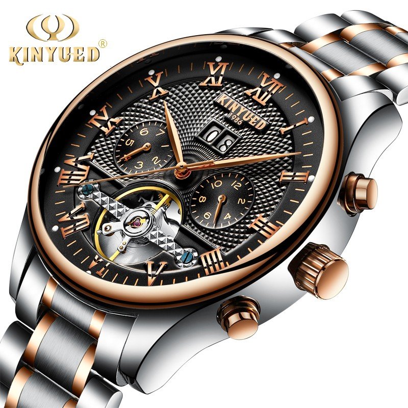 腕時計 メンズ KINYUED 海外ブランド 高級 自動巻き トゥールビヨン 機械式 ステンレス J12 ブラック&ゴールド