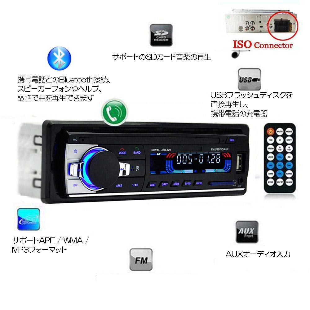 JSD-520 Bluetooth V2.0カーオーディオ ステレオ 1Din FM Aux レシーバーSD USB MP3 MMC WMA / SD / AUX カーステレオ ラジオ マルチ EQ MP3プレーヤー JSD520 1 DIN 12V ヘッドユニット WAVプレーヤー