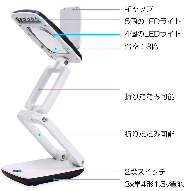 折りたたみ 3倍 LEDコンパクト ルーペ メガネ 精密作業 拡大鏡 HD レンズ 9LED デスクトップ 多機能 読書用 ライティング ビジョン エイドツール 1