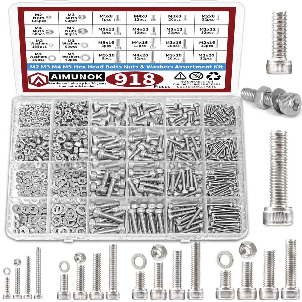 zmart 918個 ナット ボルト 詰め合わせキット - M2 M3 M4 M5 六角頭 304ステンレススチール ボルト ナット 平ワッシャー ネジセット ボルトセット ナットセット ワッシャーセット ステンレスネジ 六角ナット 六角ボルト 平ワッシャー DIY用品 組立工具 金属ネジ 固定