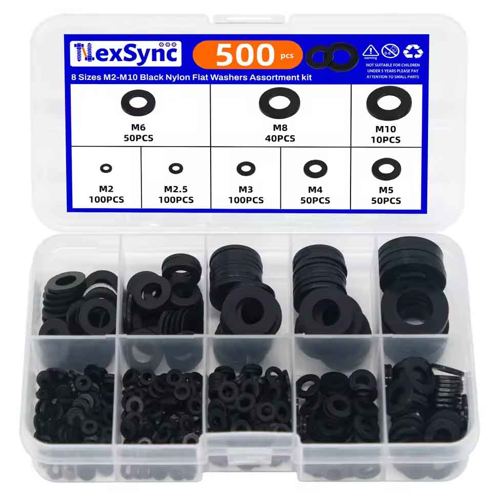 Rakuten - zmart 500PCS 8サイズM2-M10ブラックナイロンフラットワッシャーアソートメントキットM2 M2.5 M3 M4 M5 M6 M8 M10 ナイロンワッシャー 樹脂ワッシャー 絶縁リング プラスチックワッシャー 絶縁スペーサー ガスケット 平座金 絶縁部品 フラットスペーサー ワッシャーキット