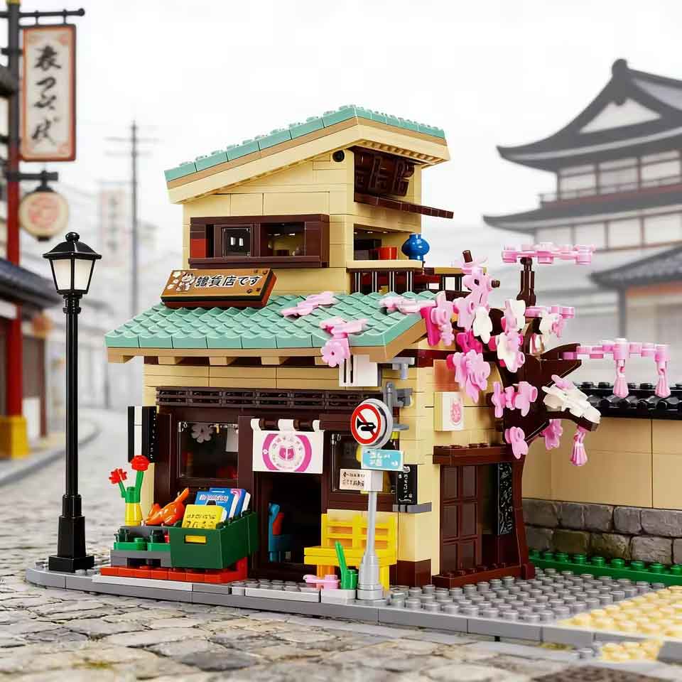 乐天商城 - zmart 921PCS 猫の 食料品店 ビルディング ブロック クリエイティブ シティ ストリート シーン MOC モデル レンガ ライト付き 和風建物ブロック 和風街並みブロック 桜ブロック 日本家屋ブロック 和風商店ブロック モジュラービルディング
