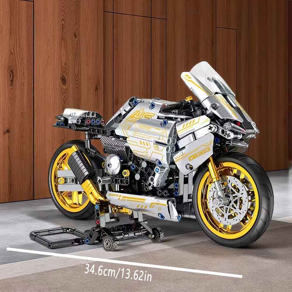 1256ピース プラチナ バイク ビルディングブロックセット - 機械式トランスミッションと可動ピストン バイクブロック バイク模型 組み立てバイク テクニックバイク 大人向けブロック スポーツバイク模型 オートバイ模型