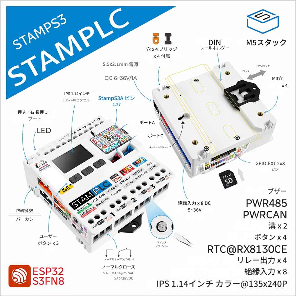 Rakuten - M5Stack公式M5stamp PLCコントローラ（M5stampS3搭載） PLCコントローラー ESP32 PLC モジュール 産業用PLC 小型PLC スマートPLC IoTコントローラー 日本語説明書付き