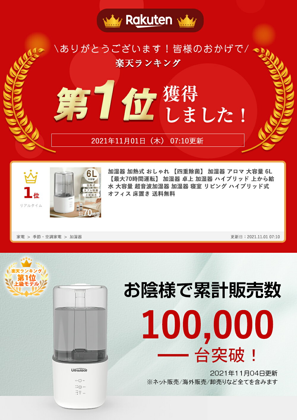 「楽天1位」 加湿器 ハイブリッド 【四重除菌】加湿器 加熱式 おしゃれ 加湿器 アロマ 大容量 6L 【最大70時間運転】 加湿器 卓上 上から給水 大容量 超音波加湿器 加湿器 寝室 リビング ハイブリッド式 オフィス 床置き 送料無料