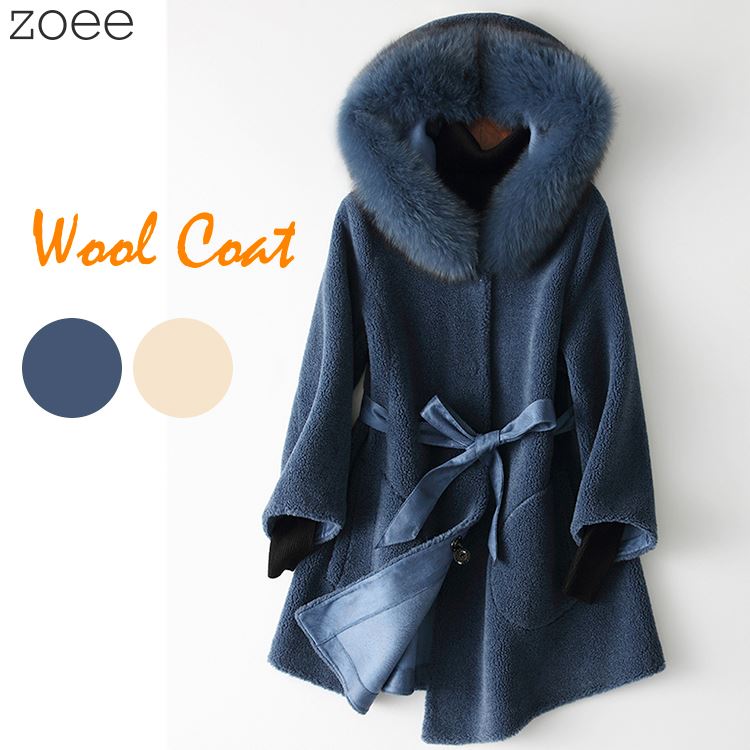 Turn-Down Collar Coat - ウールコート フォックスファー付き 七分袖 レディース フード アウター コート 毛皮コート 羊毛 お洒落 可愛い ブルー/ベージュ S/M/L/2L 【佐】 f1f01
