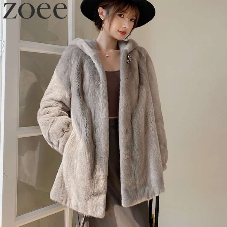 ミンクファーコート デンマーク産ミンクファー使用 フード付き レディース 秋冬 アウター グレー M/L/2L/3L/4L h1e50 zoee-10010294 zoee ダウンコート 毛皮 ムートン サンプル画像3