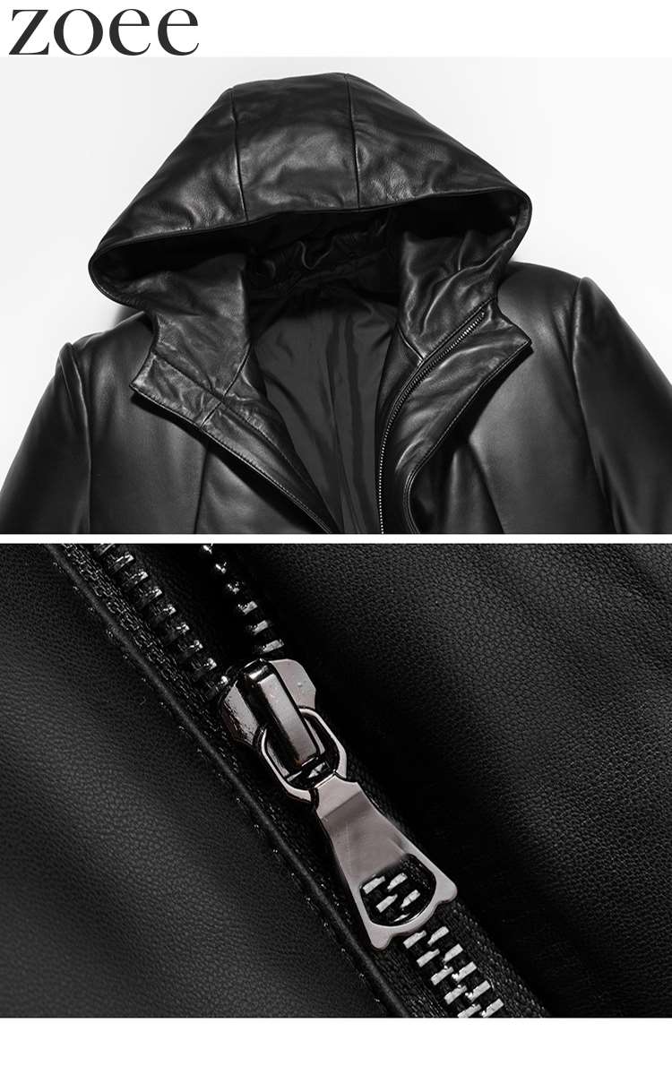 フード付きラムレザーコート ダウン90% 本革 メンズ 秋冬 アウター ブラック M/L/2L/3L/4L/5L i4b21