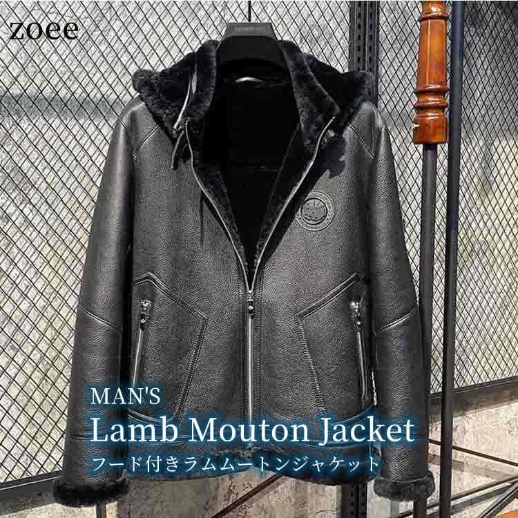 Wフェイスラムムートンジャケットフード付きラムレザーファー天然ムートンメンズ秋冬アウターレギュラー丈ブラックM/L/2L/3L/4L/5Lj4a26
