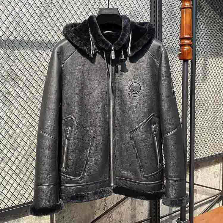 Wフェイスラムムートンジャケットフード付きラムレザーファー天然ムートンメンズ秋冬アウターレギュラー丈ブラックM/L/2L/3L/4L/5Lj4a26