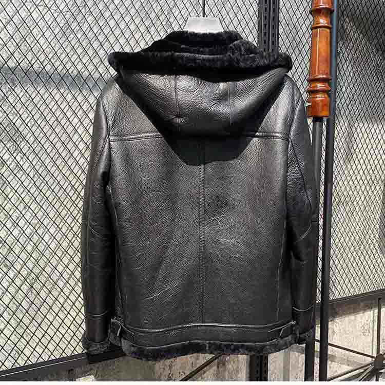 Wフェイスラムムートンジャケットフード付きラムレザーファー天然ムートンメンズ秋冬アウターレギュラー丈ブラックM/L/2L/3L/4L/5Lj4a26