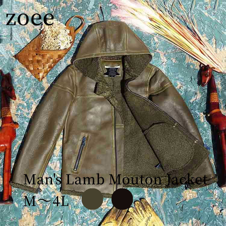 ラムムートン ジャケット コート フード付き ラムレザー メンズ アウター ショート丈 カーキグリーン/ブラック M/L/2L/3L/4L k4a02