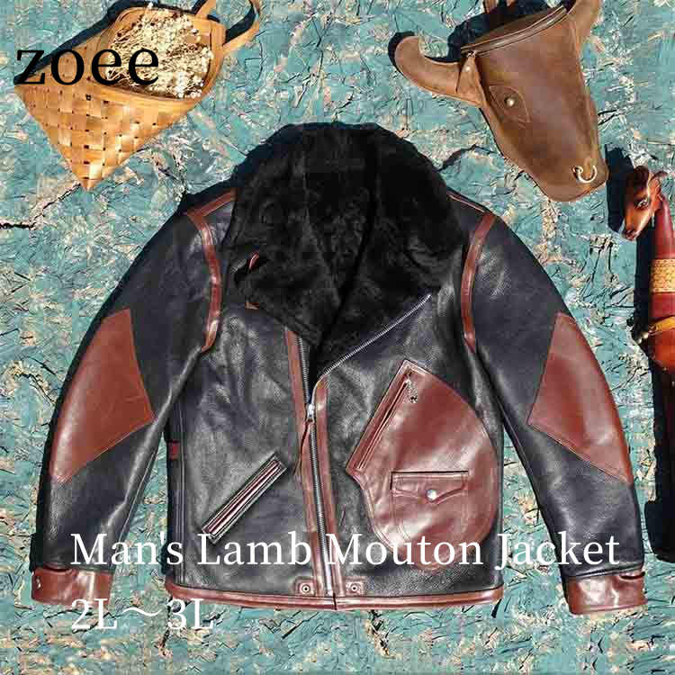 Leather Jacket - 【最終セール】【49800円→39999円】【在庫僅か】ラムムートン ジャケット コート 牛革 メンズ アウター ショート丈 ブラック 2L/3L k4a04