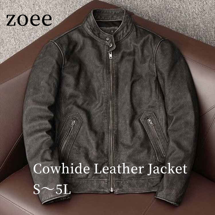 Rakuten - カウレザー ジャケット レザー コート アウター 長袖 ショート メンズ 秋冬 牛革 本革 ダークグレー S/M/L/2L/3L/4L/5L k4b33
