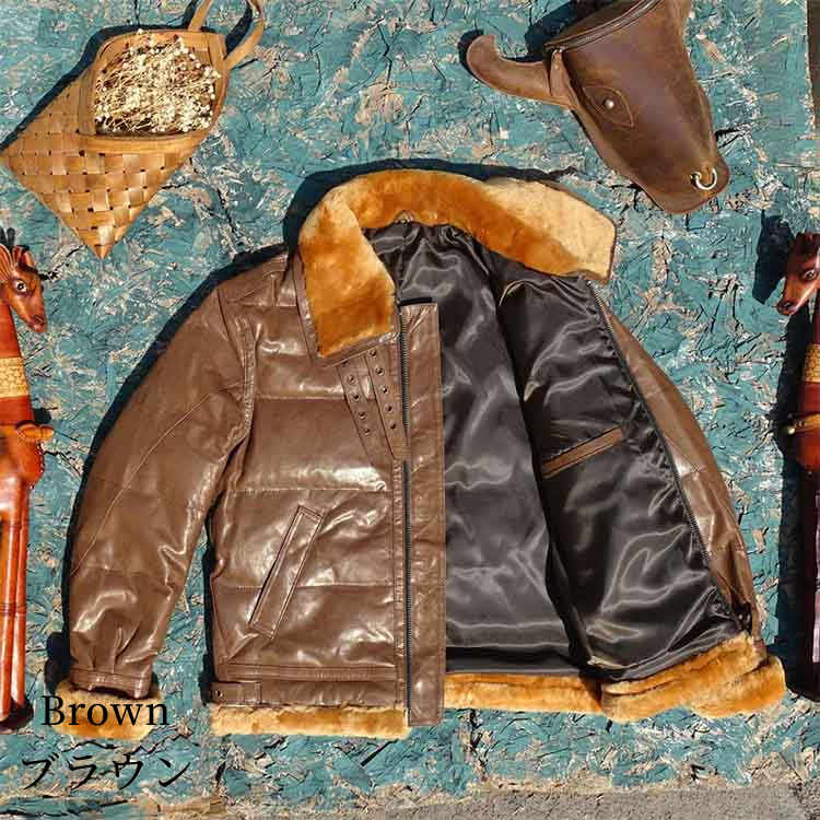 カウレザー ダウン ジャケット レザー ラムムートン コート アウター 長袖 ショート メンズ 秋冬 牛革 本革 ブラウン M/L/2L/3L/4L/5L k4b52