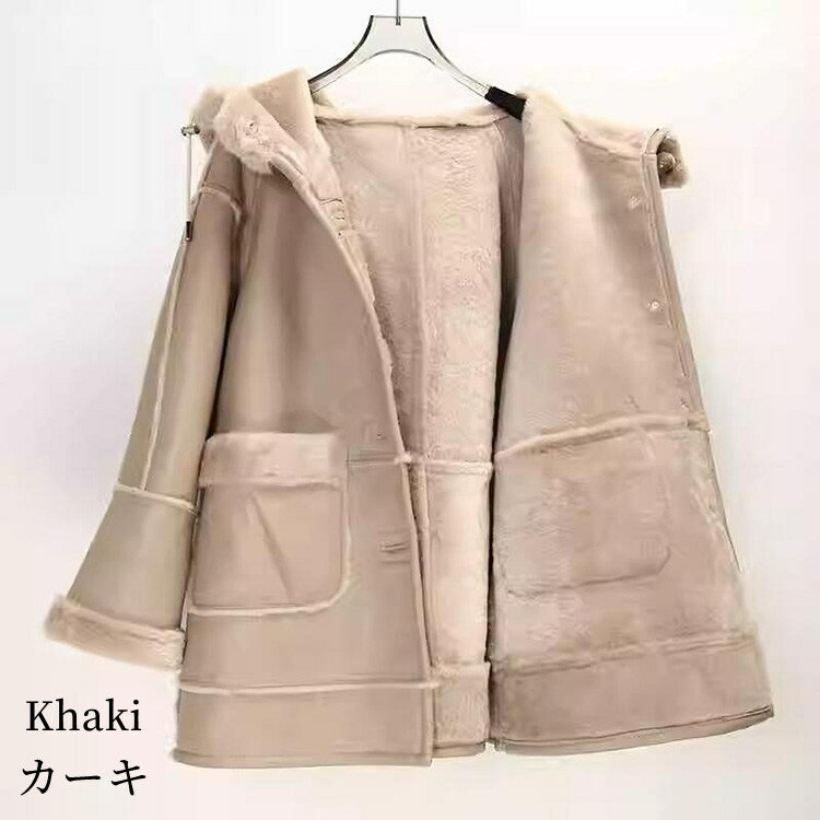 【最終セール】【59800円→49999円】【在庫僅か】【2024秋冬新作】ラムムートン(オーストラリア産メリノ種) ラムレザー ジャケット コート フードあり レディース 冬 アウター ムートン レザー 毛皮 カーキ M/L k1a18