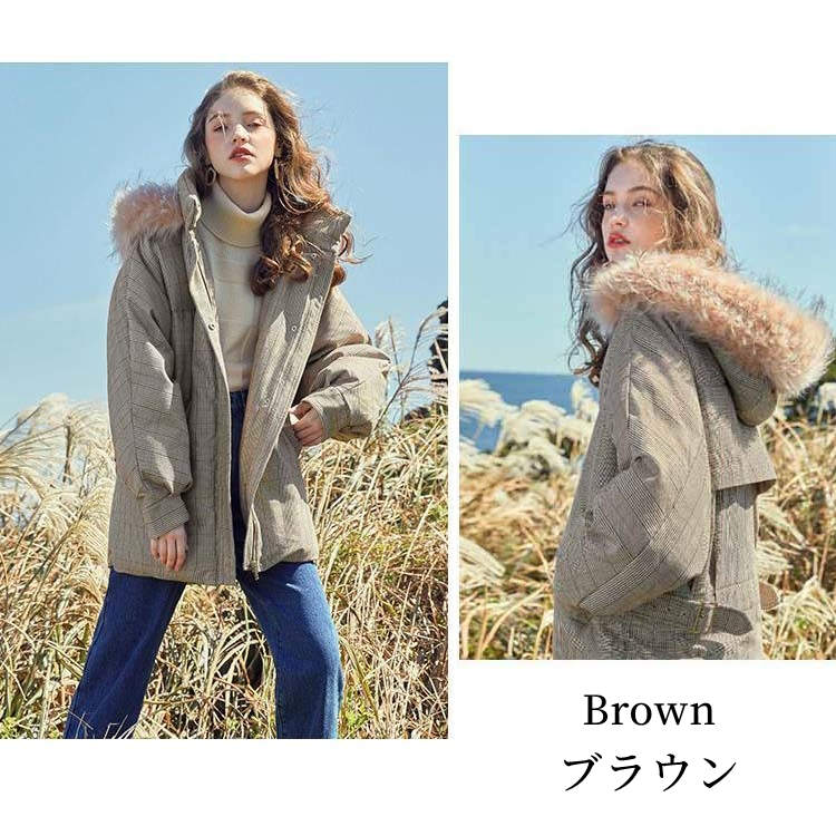 ファー 付きフード付き ダウンコート グレンチェック柄 レディース ブラウン L/2L ...
