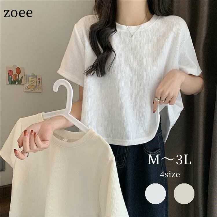 Rakuten - Tシャツ Uネック レディース 春夏 半袖 トップス ホワイト/ベージュ M/L/2L/3L k1o30 【メール便】【送料無料】