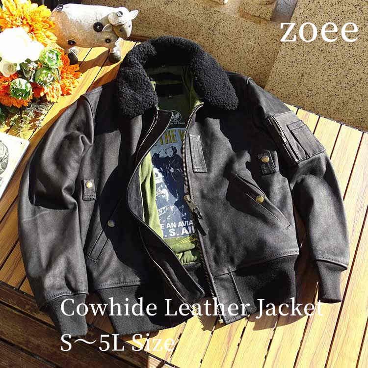 Leather - 【最終セール】【29800円→23999円】【在庫僅か】ラムファー襟 牛革 ジャケット コート メンズ リブ袖 裾リブ カウレザー アウター 本革 秋/冬 ブラック S/M/L/2L/3L/4L/5L l4b15