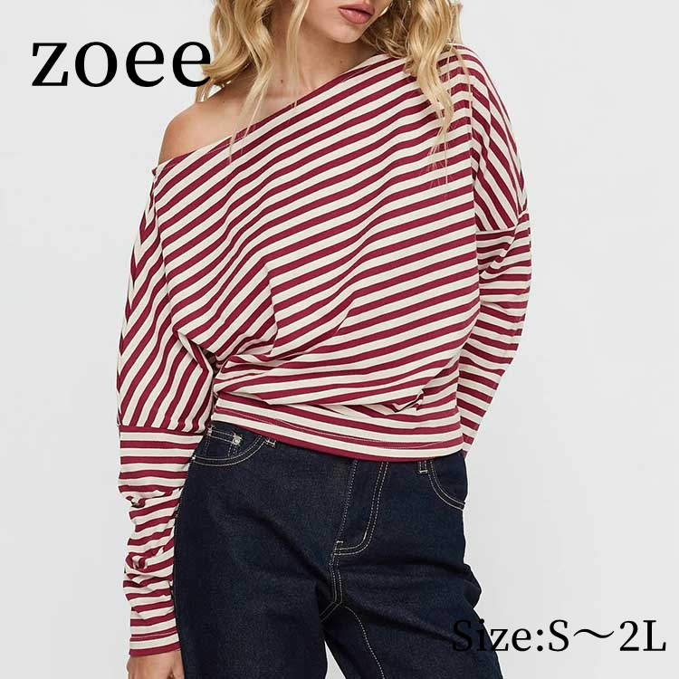 Rakuten - 【2026春新作】オフショルダー ボーダー柄 カットソー トップス ロングスリーブ シャツ 長袖 ロングTシャツ レディース カジュアル 春/秋/冬 赤 レッド S/M/L/2L m1o06