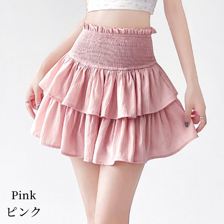 zoee ダウンコート 毛皮 ムートンの【2026春新作】ティアードパンツ フリルパンツ ショートパンツ キュロット シャーリングウエスト ウエストゴム レディース ミニ丈 ガーリー フリル ボトムス ホワイト/ピンク/ブラック S/M/L/2L m1l21｜アングル3