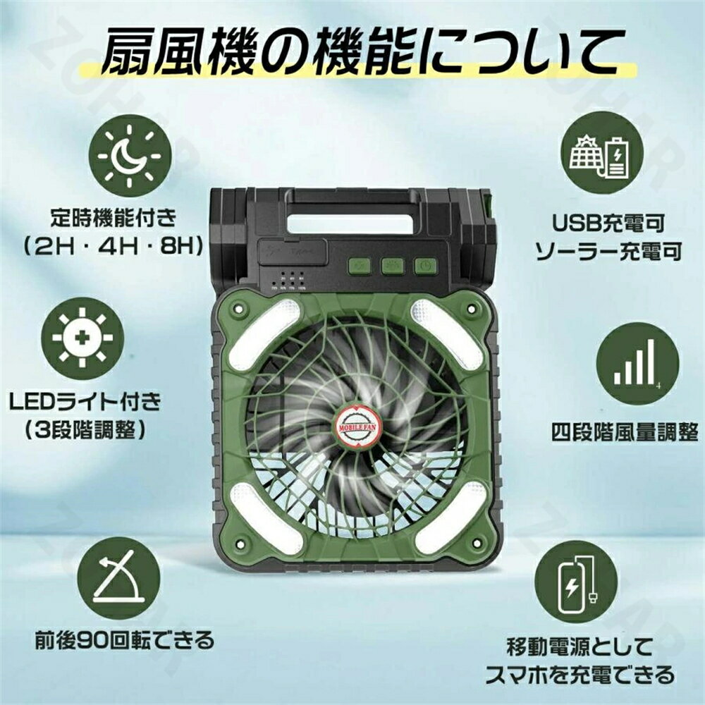 【2026新登場・太陽光充電】アウトドア扇風機 ソーラー扇風機 ソーラーファン 5200mah キャンプ扇風機 防災用扇風機 ハンディーファン 4段階風量 携帯扇風機 懐中電灯 屋外 非常用 ソーラー充電 USB充電 キャンプ用品