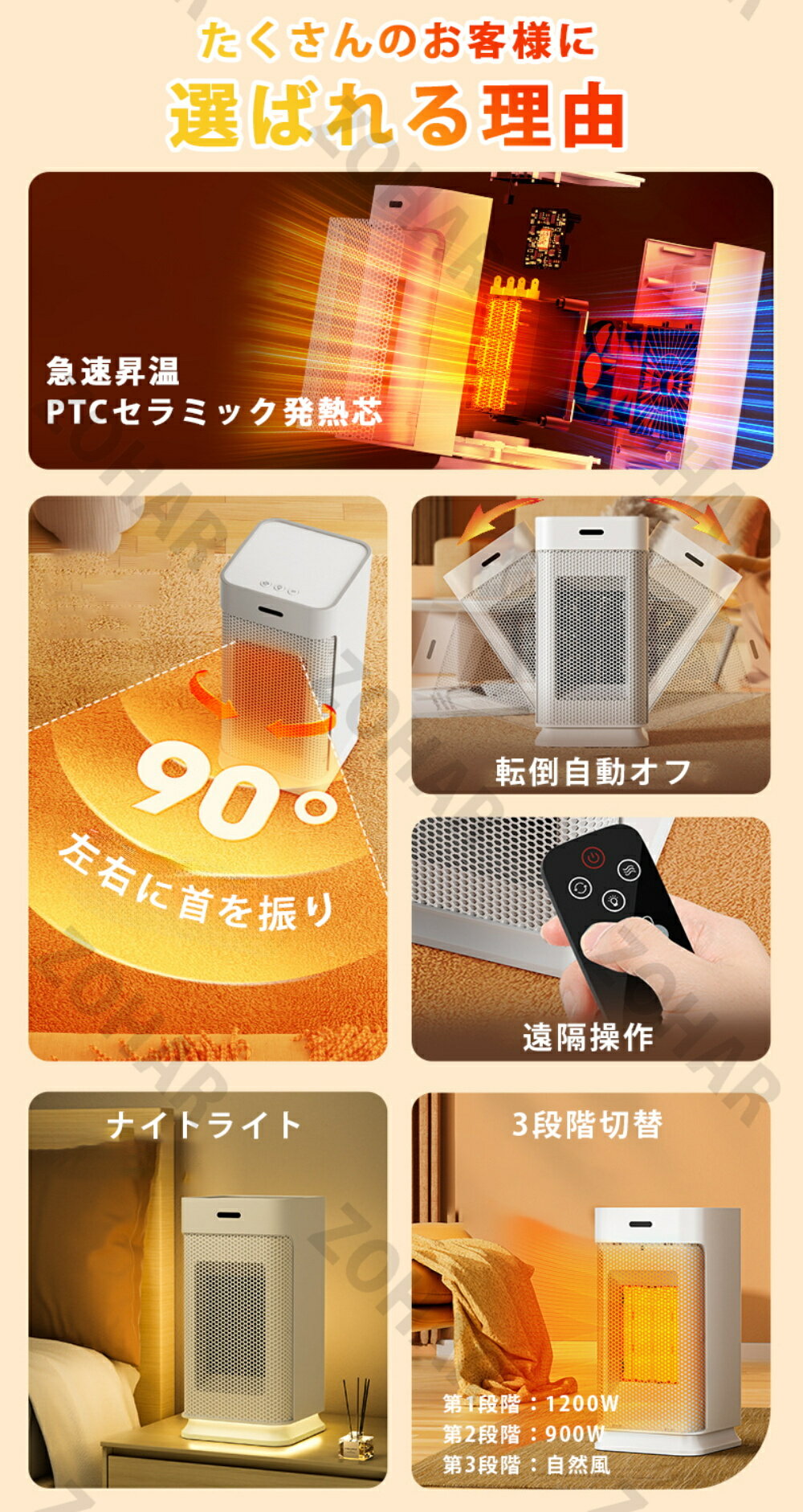 セラミックヒーター 卓上 3秒速暖 小型 静音 省エネ おしゃれ 左右に首を振り 3段階切替 過熱保護 転倒自動オフ リモコン付き タイマー ナイトライト 卓上ヒーター 電気ヒーター セラミックファンヒーター 足元ヒーター