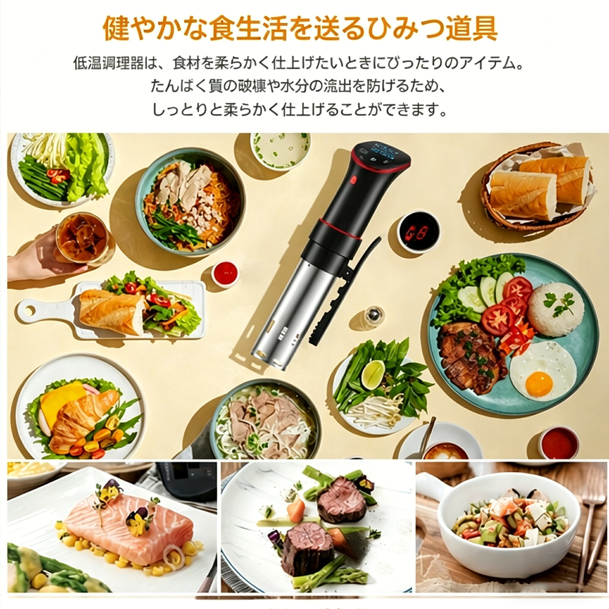 Zoharの低温調理器 防水 低温調理 防水仕様 スロークッカー 低温調理器具 スリム低温調理器 真空調理器 防水 タッチパネル クリップ式 低温調理機 低音調理器 タイマー 温度設定 日本語説明書 安心保証 PSE｜アングル2