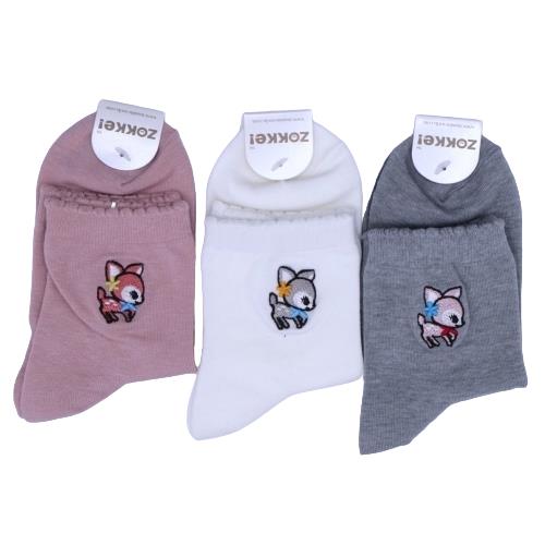 【送料無料】 クルーソックス(グレー・ホワイト・ピンク)(バンビ刺繍入り)(23-25cm)(3足セット)みっとめるへん社