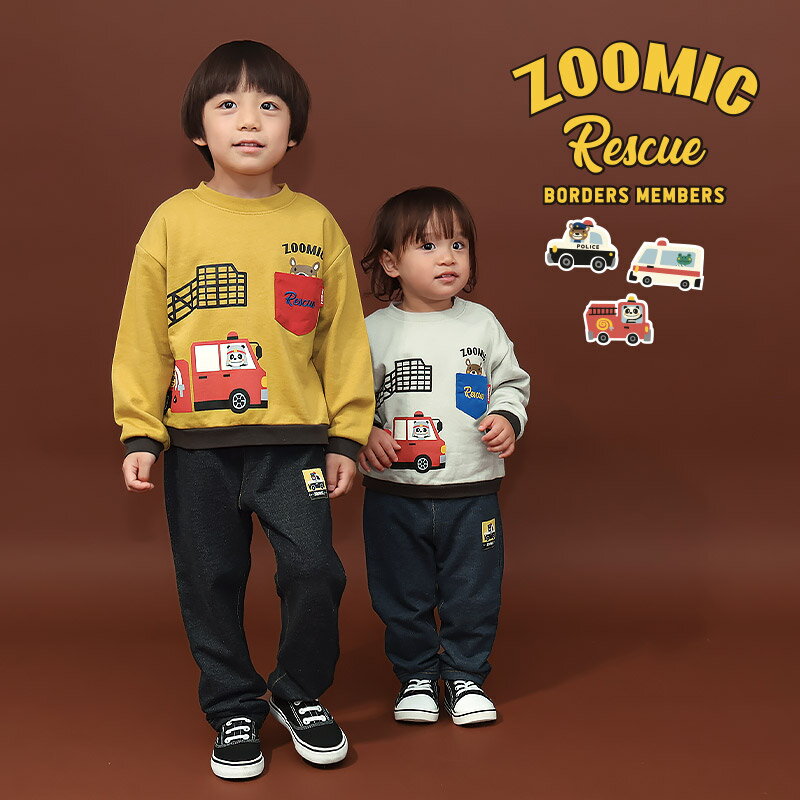 【~9%OFF】 キッズ 10分丈パンツ ニット デニムパンツ 男の子 女の子 起毛なし 【ZOOMIC ズーミック】 ベビー ストレッチ ズボン ボトムス 伸縮 ウエストゴム アニマル 動物 パトカー 働く車 くま キャラクター 男児 女児 ブラック ネイビー 80 90 95 100 110 120 130