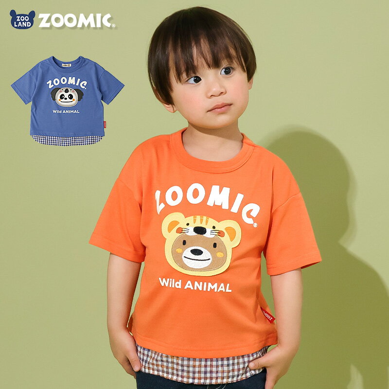 乐天商城 - 【~10%OFF】 キッズ Tシャツ 半袖 カレッジ風 コアラ とら くま パンダ 重ね着風 レイヤード風 バックプリント アニマル 動物 男の子 女の子 ZOOMIC ズーミック ベビー トップス カットソー 裾チェック キャラ 動物園 オレンジ ブルー 可愛い 80 90 95 100 110 120 130